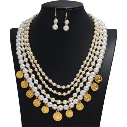 Bride Jewelry Sets Multi-layer Vintage Gold Coin Pendant Pearl Earrings Necklace Wedding Fashion Exaggerated Dress Accessories