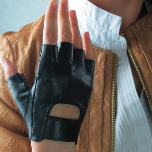 Genuine Leather Imported Goatskin Black Semi-Finger Street Dance Rock Punk Half Fingers Womans Gloves TB74-1