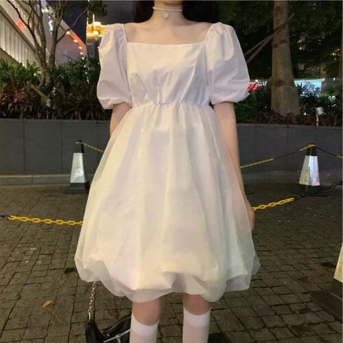 Summer Dress Sweet Gauze Patchwork Ball Gown Dresses Women white Mini Dress Square Collar High Waist Puff Sleeve Party Dresses