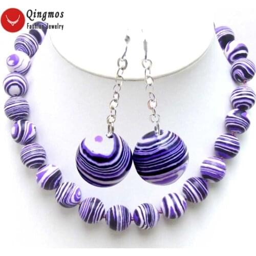 Qingmos 14mm Round Purple Stripe Agates 18" Chokers Necklace for Women with Dangle Round Earring for Women Set Fine Jewelry 5745