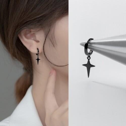 Real 925 Sterling Silver Cool Black Geometric Drop Earrings Punk Style Jewelry for Women Men Unisex