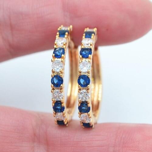 Gold Color Women White Blue Cubic Zirconia CZ Huggie Hoop Earrings