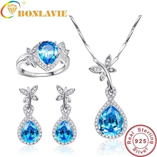 Heart of Ocean Blue Topaz Water Drop 925 Sterling Silver Quality Set Earrings/Necklace/Engagement Rings Jewelry Set For Women