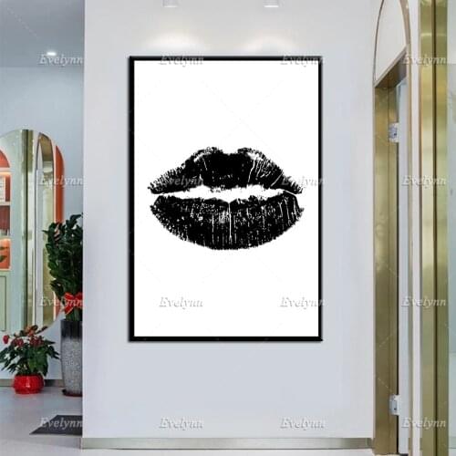 Nordic Minimalist Black Lips Wall Art Print Poster Feminist Pictures Scandinavian Style For Living Room Home Decor Wooden Frame