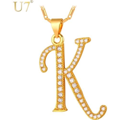 U7 New Fashion Capital Initial Letter K Pendant Charm Gold/Silver Color Zirconia Alphabet Letter Necklace Women P704