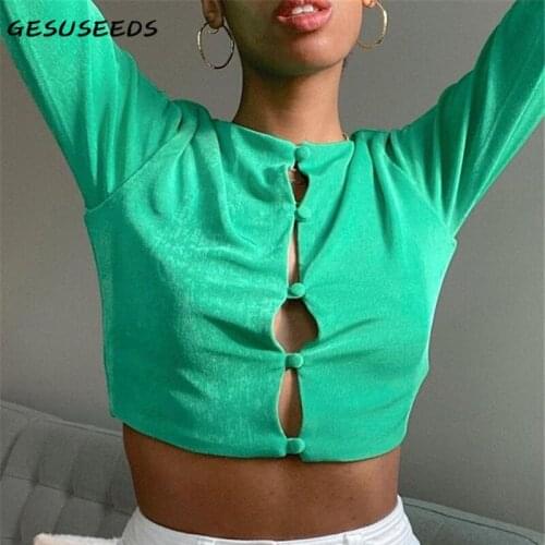 Spring o neck top women 2021 long sleeve shirt sexy solid cropped t shirt casual slim button up shirts green orange top fashion