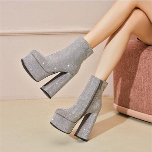 PXELENA 2022 Handmade Luxury Women Crystal Studded Ankle Boots Block Super High Heels Dress Evening Party Nightclub Shoes 34-41