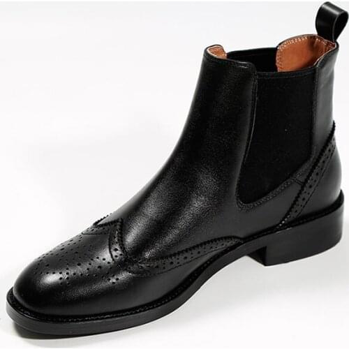 GUIDIBASIC Chelsea short boots womens Genuine Cow Leather flat bottom and velvet British style Thick heel Ankle boots women‘s