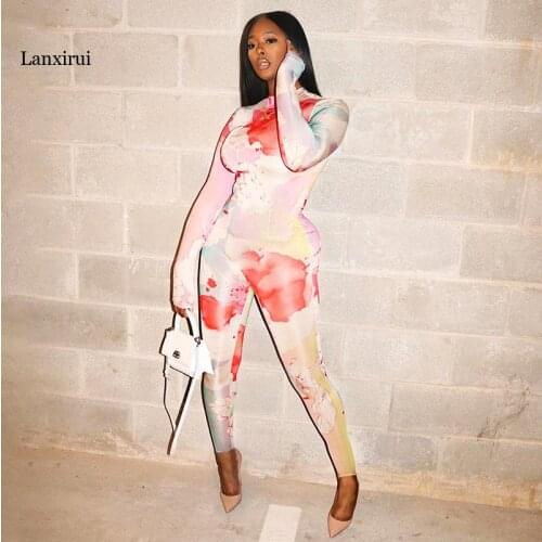 Women tie dye print full sleeve autumn jumpsuits skinny elastic sporty workout overalls colorful casual activewear outfit