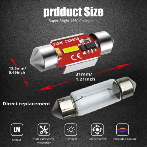 1pc 31-41mm Car LED C5W 1860 SMD White Car Interior Dome Map Light Lamp