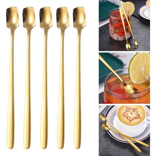 5Pcs Gold Stainless Steel Mixing Stirring Spoon Ice Cream Coffee Spoon With Long Handle for Coffee lovers