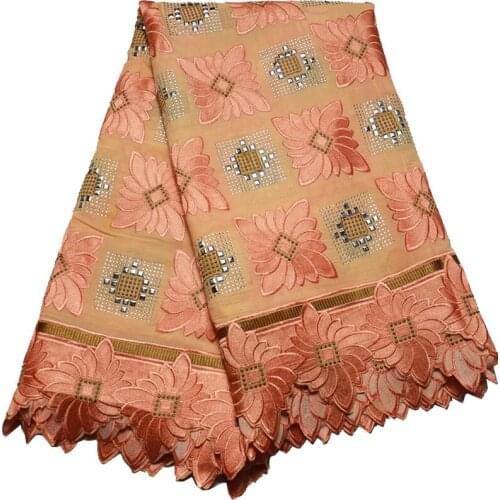 Free shipping (5yards/pc) very beautiful embroidered Swiss lace fabric peach color African voile lace fabric with stones CLP327