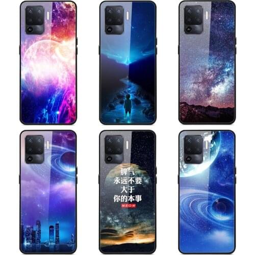 Case OPPO A94 Phone Case Back Cover Black Silicone Bumper With Tempered Glass Star Sky Pattern