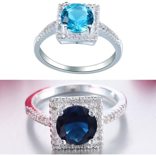 Hainon Square With Round Zircon Blue White Stone Silver Color Ring for Women Wedding Party Gift Fashion Jewelry