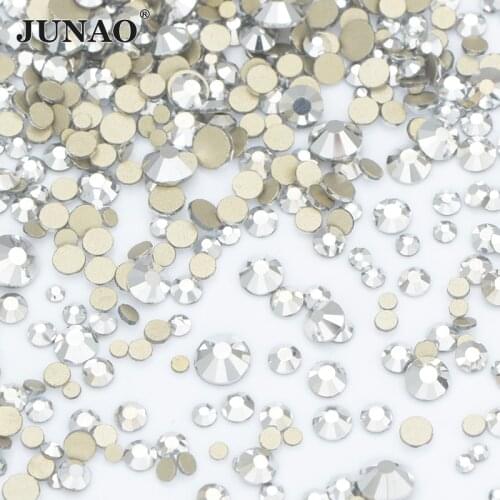 JUNAO SS6 8 10 12 16 20 Mix Size Silver Nail Rhinestones Crystal Decoration Glass Stones Nail Stickers Gems Non Hot Fix Strass