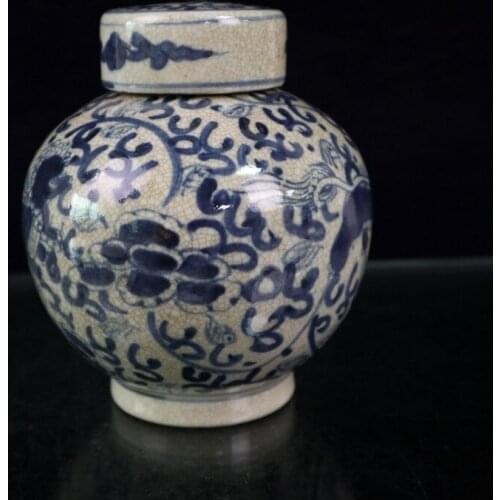 Chinese Old Porcelain Cracked Glaze Blue And White Lion Pattern Pot