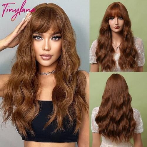 TINY LANA Honey Brown Synthetic Wigs with Full Bangs Long Loose Wave Wigs For Black Women Cosplay Daily Party Heat Resistant