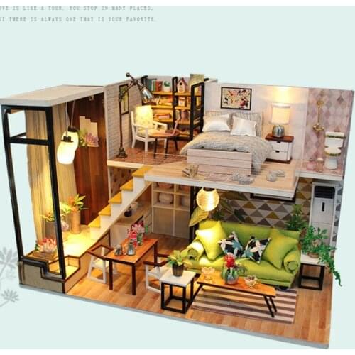 Miniature Doll House With Furniture Kit Wooden Double-decker Loft Handmade Model Room House Miniaturas Toys For Children