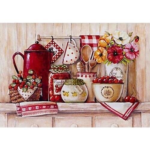 New 100% Diy 5D Diamond Painting Full Drill Kitchen Red Tablewares Stitch Diamond Embroidery Patterns Home Decoration