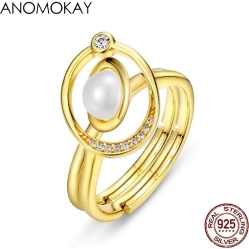 Anomokay New Creative Two Rings In One Style Gold Color Rings Women 925 Sterling Silver Free Size Rings Fine Pearl Luxury Ring