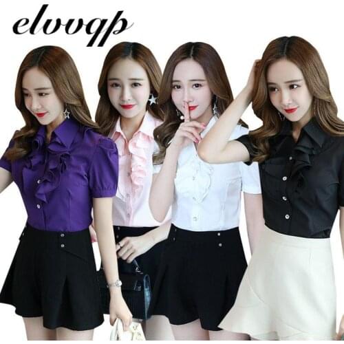 Plus Size 5XL Summer Blouse Office Work Shirt Casual Tops Short Sleeve Shirts Elegant Ruffle Women Blouses Chiffon Shirt Blusas