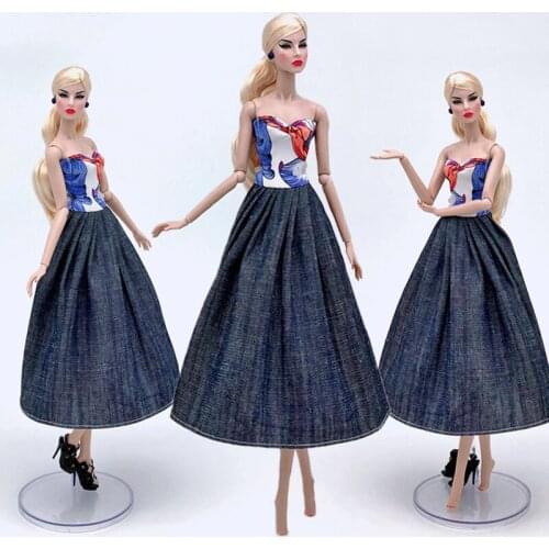 Blue Floral Denim Office Midi Off Shoulder Dress For Barbie Doll Evening Party Club Gown Clothes For Barbie 1/6 Doll Accessories