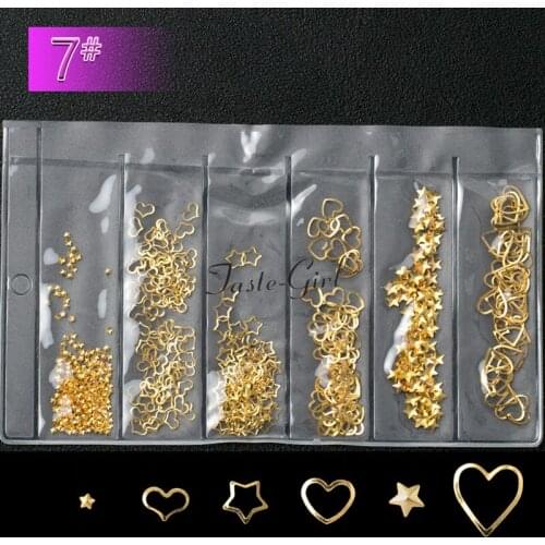 Mixed sizes gold hollow heart star style 3D nail art decorations charms metal glitter nails Accessories Supplies tool