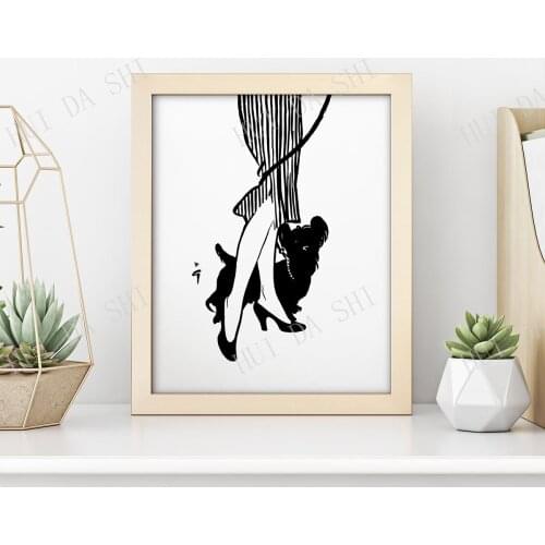 Stylish Woman Dog Walker Print • Vintage Fashion Art • Black & White Art Deco 1950s Style • Yorkshire Terrier Scottie Black Dog