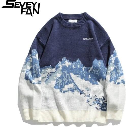 SEVEYFAN Mens Harajuku Mountain Sweaters Letters Embroidery Oversize Knitwear Couples Casual Cotton Pullover