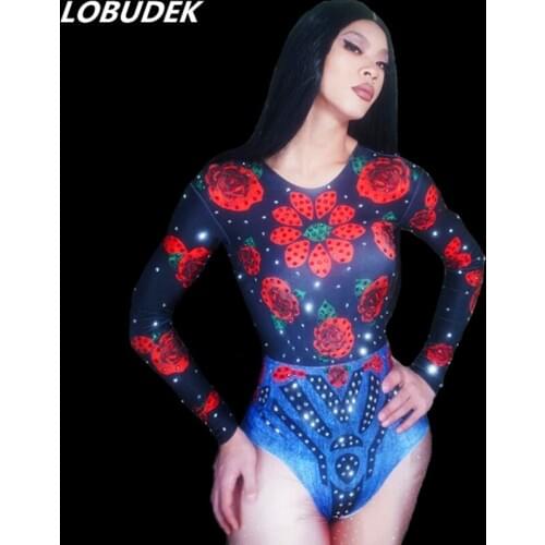 3D Flowers Pattern Printed Elastic Leotard Crystals Long Sleeve Bodysuit Sexy Female Nightclub Bar DJ Stage Wear Singer Costume