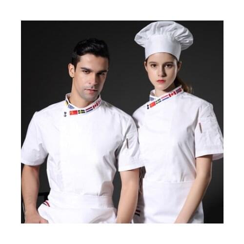 High Quality Black White M-4XL Wholesale Women Men Short-sleeve Oblique Embroidery Collar Kitchen Hotel Chef Jacket Bake Uniform