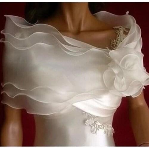 Organza Wedding Bolero Whith Short Women Bridal Cape Ruffles Flowers Cloak for Bridesmaid Elegant Wedding Accessories 2021