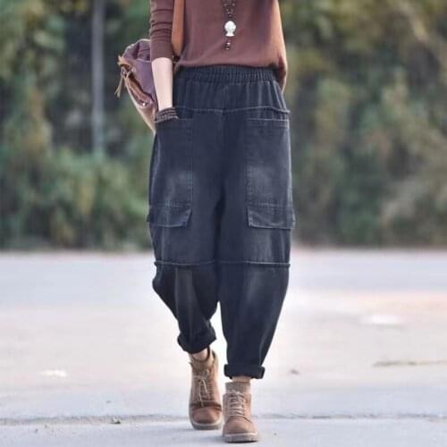 2021 New Arrival Spring Women Loose Casual Elastic Waist Harem Pants Cotton Denim Big Pocket Patchwork Ankle-length Jeans W153