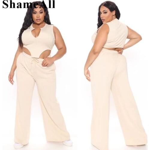 Plus Size Tube Crop Tops Long Pant 2 Two Piece Sets 4XL Fall Hollow Cut V Neck Triangle Tank Wide Leg Trousers Outfits Tracksuit