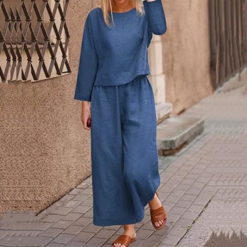 Women Solid Cotton Linen Two Piece Sets Casual O Neck Top + Wide Leg Pants Suits Autumn Office Lady Elegant Long Sleeve Outfits