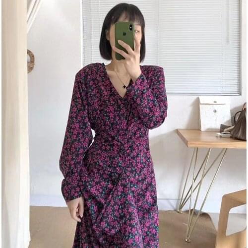 French V-Neck Floral Mermaid Dress Vintage Korean Long Sleeve Ruffles Asymmetrical A-Line Pleated Dress Women One Piece Dresses