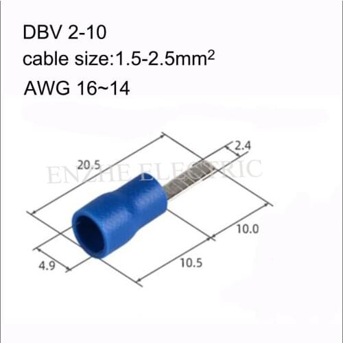 1000PCS Chip-shaped cold-pressed terminal DBV2-10/14/18 plug-in insulated blade terminal 16-14AWG 1.5-2.5MM2 27A COPPER DBV1.25