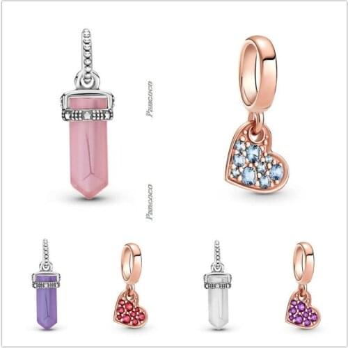 Authentic 925 Sterling Silver Royal Purple Pave Tilted Heart Dangle Charm Beads Fit Pandora Bracelet & Necklace Jewelry