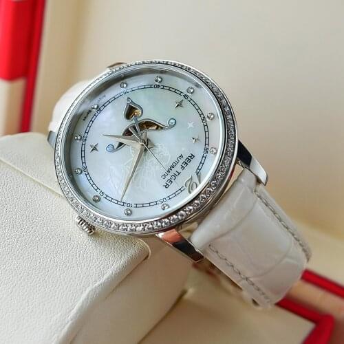 Reef Tiger Designer Fashion Watch with White MOP Dial Steel Watches For Women Diamonds Automatic Watch RGA1550