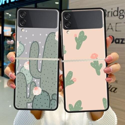 Black Hard Case For Samsung Galaxy Z Flip 3 5G Luxury PC Shockproof Phone Cover ZFlip 3 Bumper Fundas Cactus Flower Plant Coque