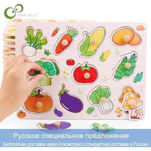 Kids 3D Wooden Puzzle Hand Grab Boards Toys Vehicle Animals Fruits Cognition Tangram Jigsaw Children Educational Montessori Toys