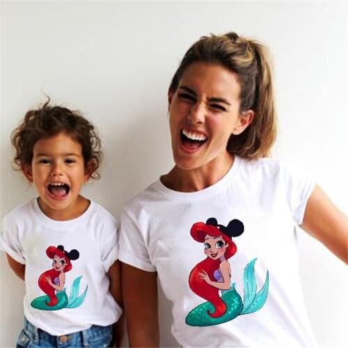 Disney Princess T Shirt For Mother And Daughter The Little Mermaid Cute Family Matching Clothes Summer Short Sleeve Family Tee
