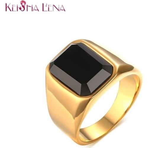 Keisha Lena Black Stone Rings for Men Jewelry Gold Color Men Ring Anillos Engraving Name Bestfriend Gift Drop Shipping