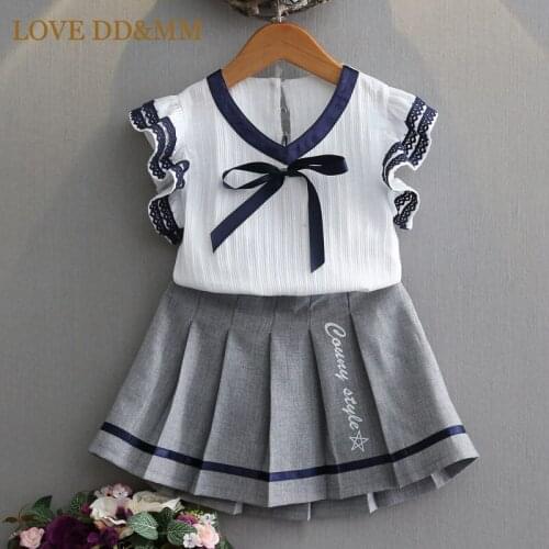 LOVE DD&MM Girls Sets 2021 New Summer Childrens Clothing Kids Lace Bow V-Neck Tops + Pleated Skirts Suit For Girl Costume