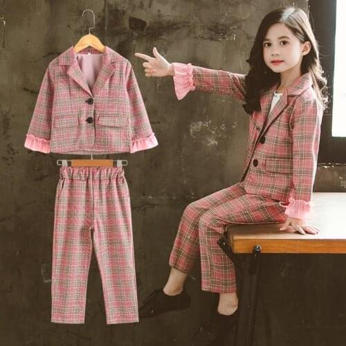 Teenage Girls Clothing Set Girls Plaid Suits Double Breasted Blazer and Skirt Suit Jackets Pants Children Blazer 4 5 7 9 11 13T