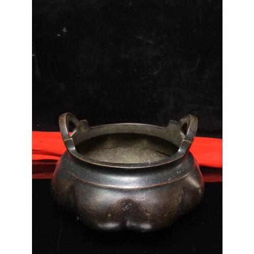 6" Tibet Buddhism Old Bronze Cinnabar Eight Treasure Incense Burner Binaural Incense Three-legged incense burner Town House