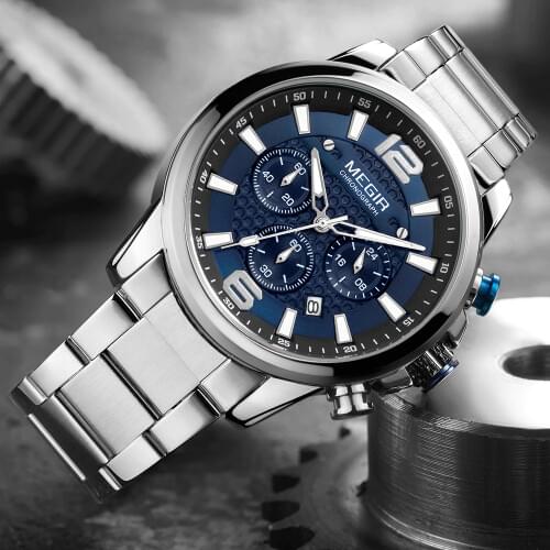 MEGIR Top Luxury Brand Watch Full Steel Mens Sport Quartz Wrist Watch Men Luminous Waterproof Chronograph Military Date Clock