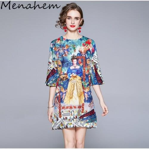 Menahem Summer 2021 Runway Luxury Flower Print A-Line Dress Womens Three Quarter Sleeve Beading Elegant Loose Mini Dress
