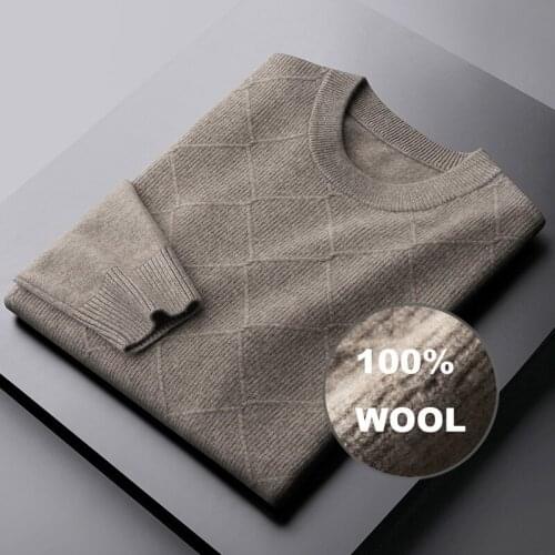 Classic 100% Wool Mens Sweaters Luxury Round Collar Geometric Jacquard Solid Color Man Sweaters Fashion male Sweaters 3XL