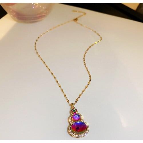Origin Summer Purple Colour Opals Shinning Rhinestone Bottle Gourd Pendant Necklace for Women Titanium Steel Necklace Jewelry